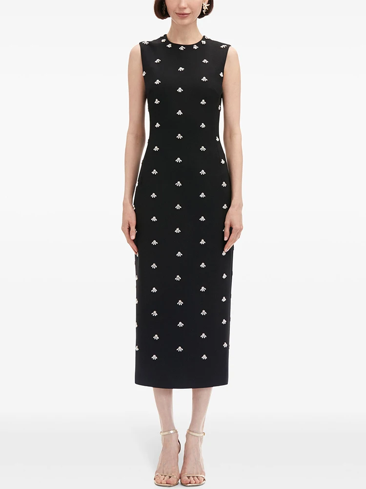

BluWin HIGH STREET Newest 2025 S/S Designer Vestido Women's Sleeveless Pearls Beaded Midi Tank Dress