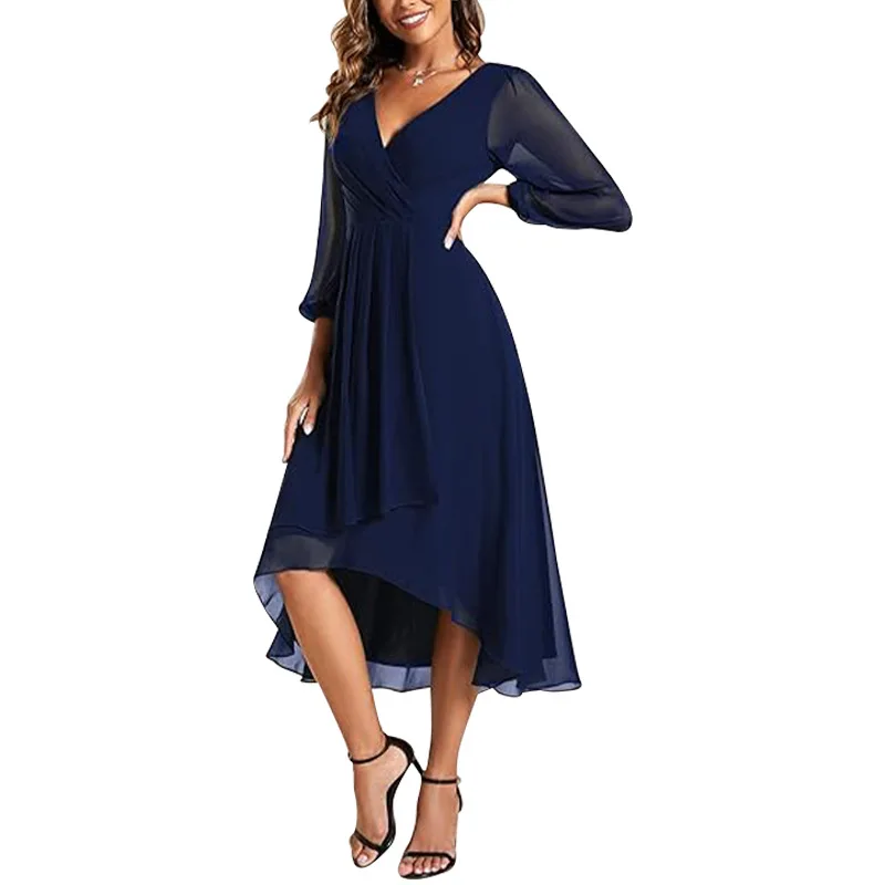 

2025 New Vintage Women Holiday Long Dress V Neck Long Lantern Sleeve Solid Color Irregular Pleated Midi Dress Loose Fit Vestidos