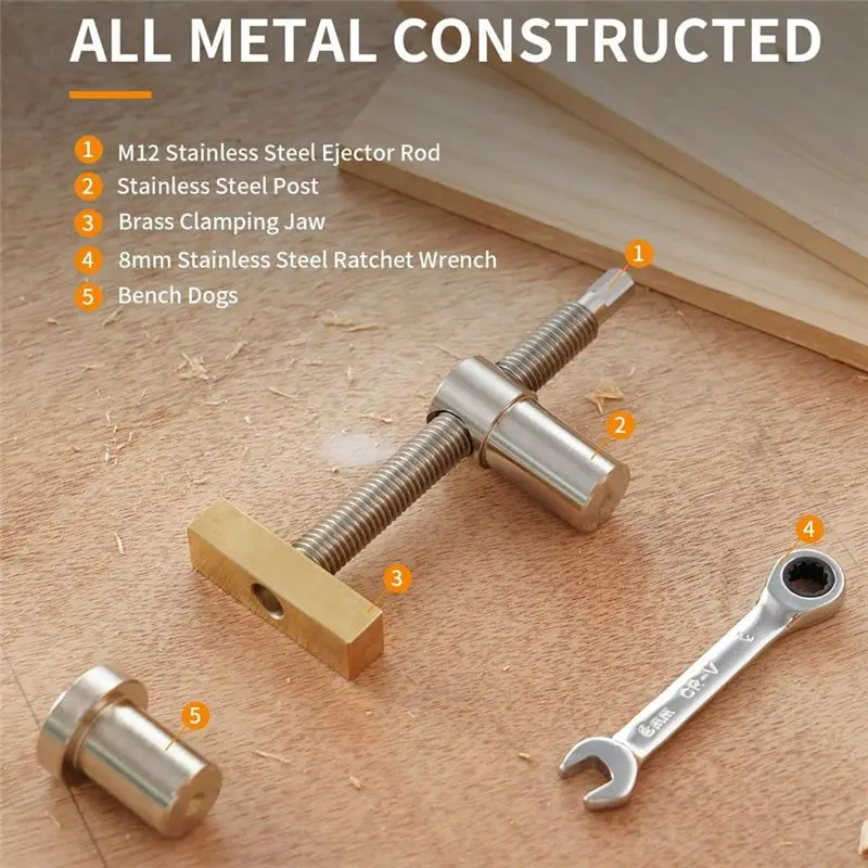 AEE3-2Pack Bench Dog Clamp With 4 Pack Bench Dog Stainless Steel Brass Woodworking Tools 19Mm
