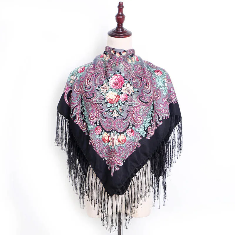 Russian Style Square Scarf Women Floral Print Bandana Shawl Ethnic Fringed Ukrainian Shawl Babushka Handkerchief Lady Pashmina