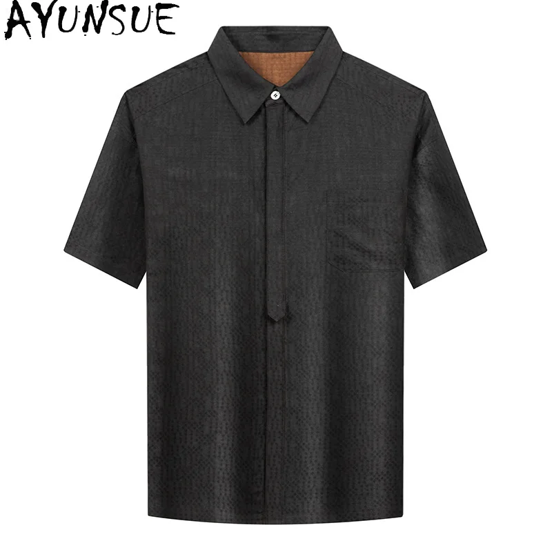 

AYUNSUE 100%Mulberry Silk Shirt for Man Fashion Gauze Silk Jacquard Mens Shirts Short-sleeved Tops Summer Clothes ropa de hombre