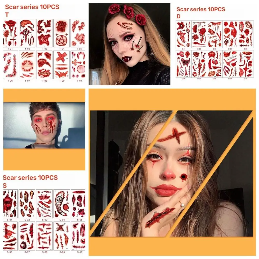 Bloody Scars Halloween Temporary Tattoos Face Patch Waterproof Tattoo Stickers Spider Scar Face Makeup Lifelike