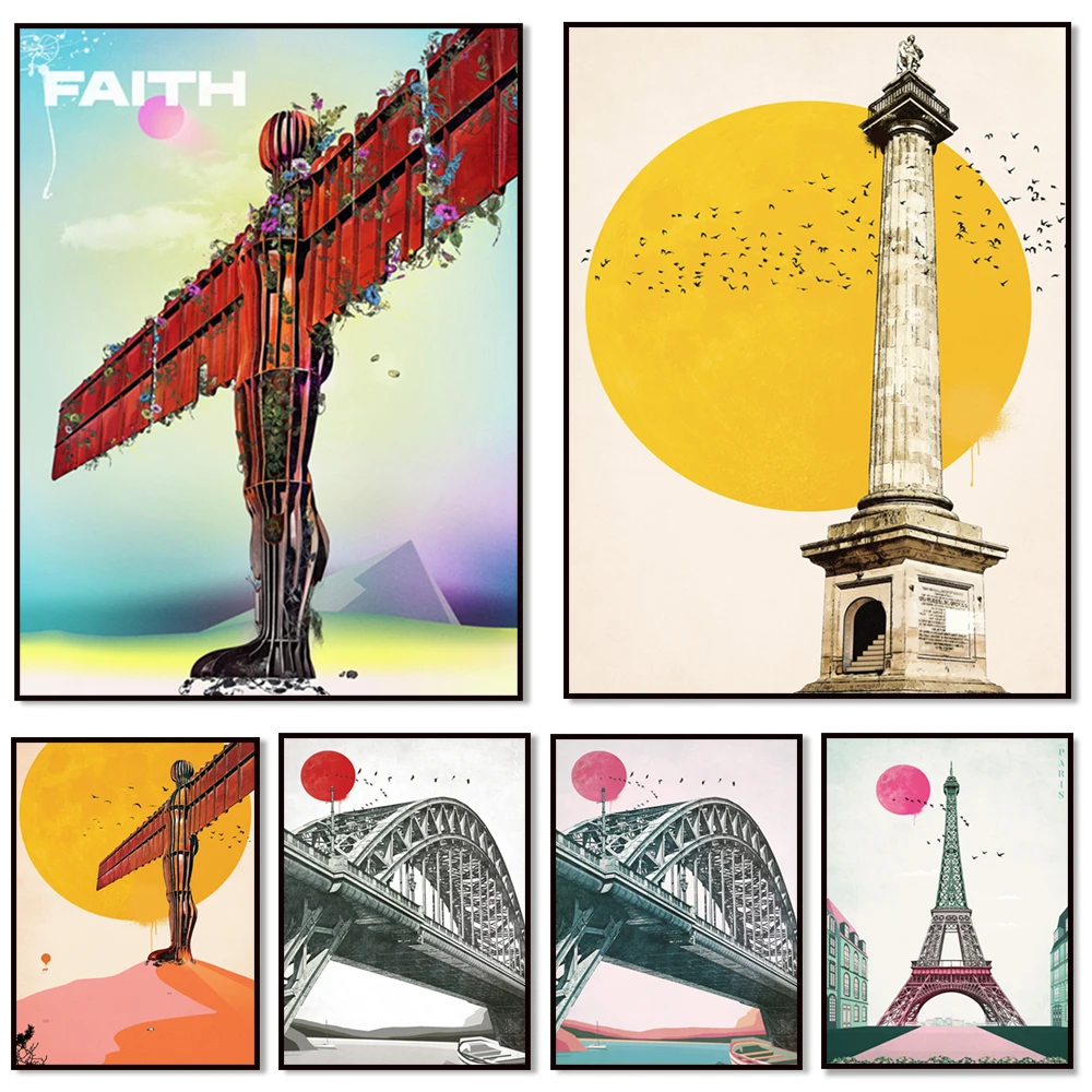 

City print, Eiffel Tower Paris, St. Gateshead poster. Grey monument, Angel of the North and Millennium Bridge, decoration