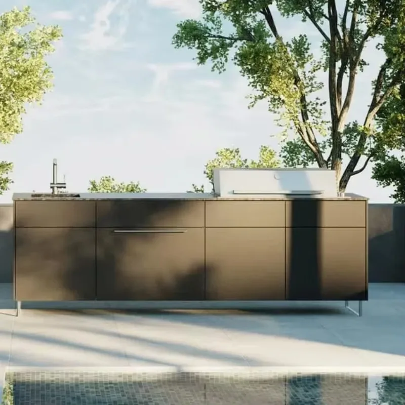 Customized Wood Style Outdoor Kitchen Set Modular Outdoor Kitchen Cabinet Modern Outdoor Kitchen BBQ Island Customized