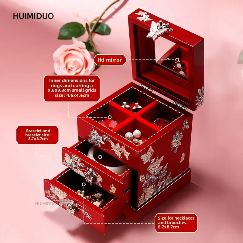 Lacquer Jewelry Box Mother of Pearl Inlay Wooden Multi Layer Chinese Style Wedding Gift