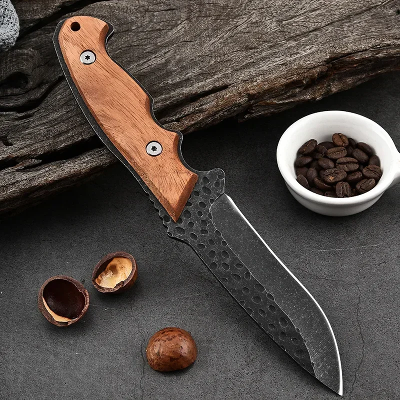 Outdoor Straight Knife, Stainless Steel Blade, Wooden Handle with Knife Cover, Travel Camping Cutting Tool