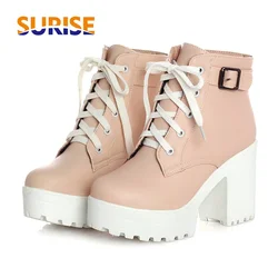 British Buckle Platform Ankle Boots Women High Thick Heels Pink Black White Dress Party Office Lady Fashion Lace Up Short Boots