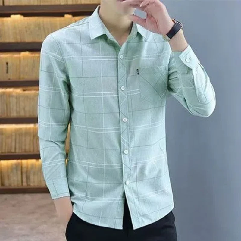 Long Sleeve Men Plaid Cootrast Color Shirt Lapel Spring Autumn Pocket All-match Chic Korean Fashion New Casual Thin Argyle Tops