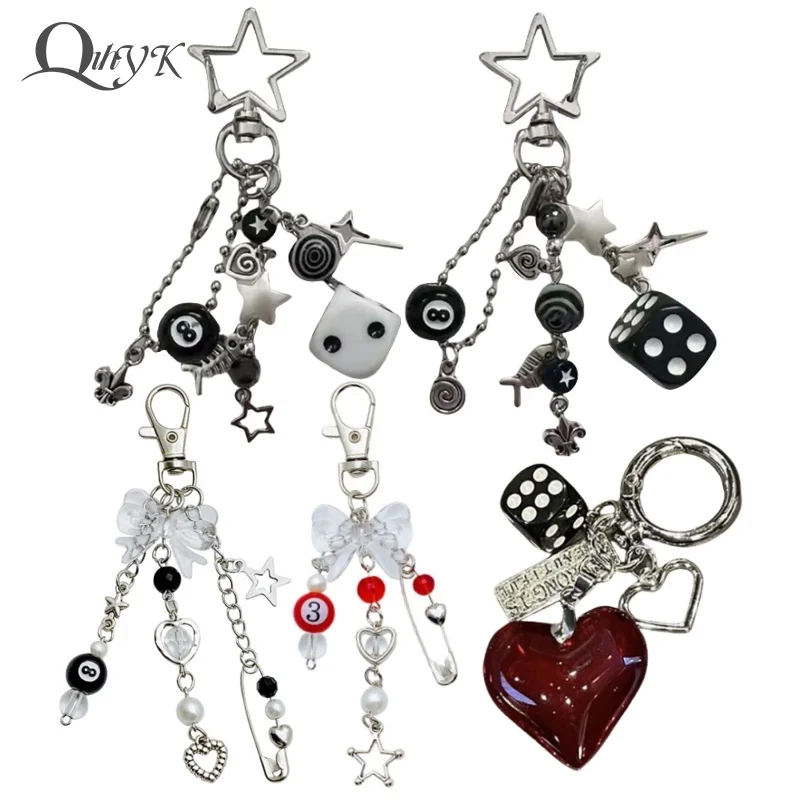 Handmade Cluttered Rockstar Gf Edgy Black Black & White Dice Keychains Grunge, Deftones, Beaded Jewelry, Bag Pendant, Emo, Y2k,