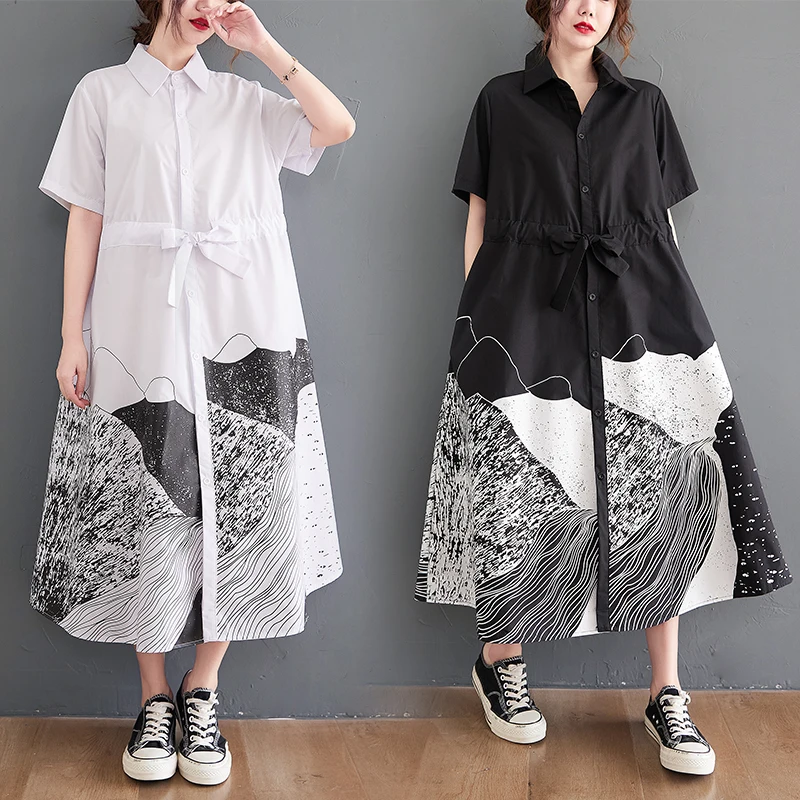 

Summer 2026 Loose Printed Shirt Dress Women's Waist-Cinching Slimming Long Dress Korean Style Commute Pure Color Collar