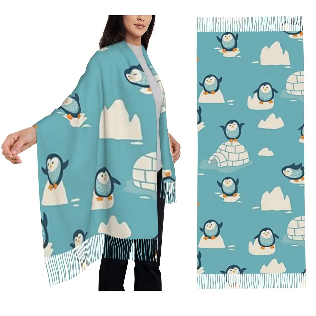 Cute Penguin And Ice Snow Pattern Scarf Tassel Scarves Women Soft Warm Shawls and Wraps Long Fall Winter Shawl Wrap