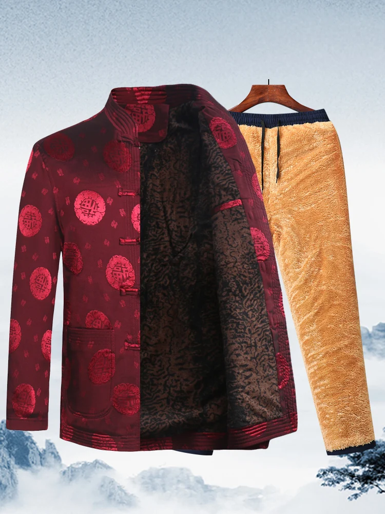 

Thiened Fce Winter Tang Suit Men's Cotton Jaet Coat ly Dad andpa Cotton Clothes Set Floral Embroidery No Brand