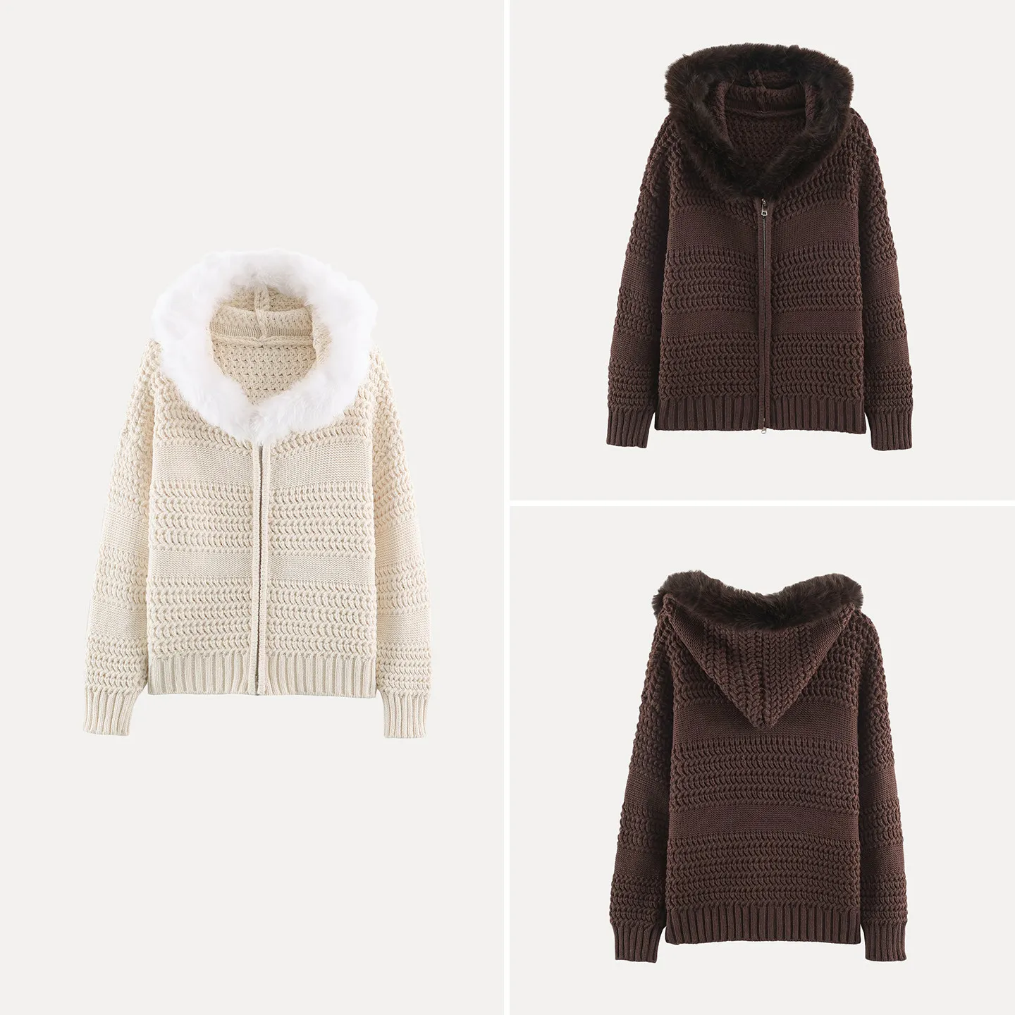 Women's Casual Style Loose Fit Hooded Sweater Double Zipper Cozy Knit Fur Collar Open Cardigan Autumn Fashion 2026 New Arrival