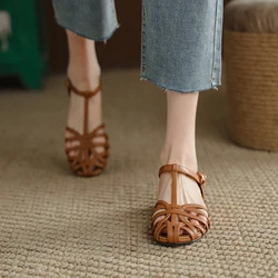 2022 Fashion New Retro Roman Literary Style Hollow Toe Sandals Women's Thick Heel 2022 Summer New T-shaped Woven Flat Bottom