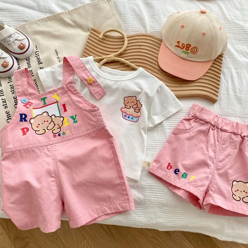 Lovely Children Girl Clothes 0-6Years Kids Short Sleeve Bear Pattern Cotton T-shirt Elastic Waist Shorts Bottom Overall Jumpsuit