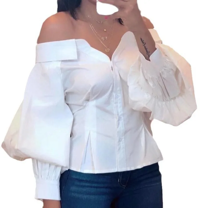 2024 Spring Summer New Women\'s Solid Color off-Shoulder Lantern Sleeve Single-Breasted Shirt Blouse