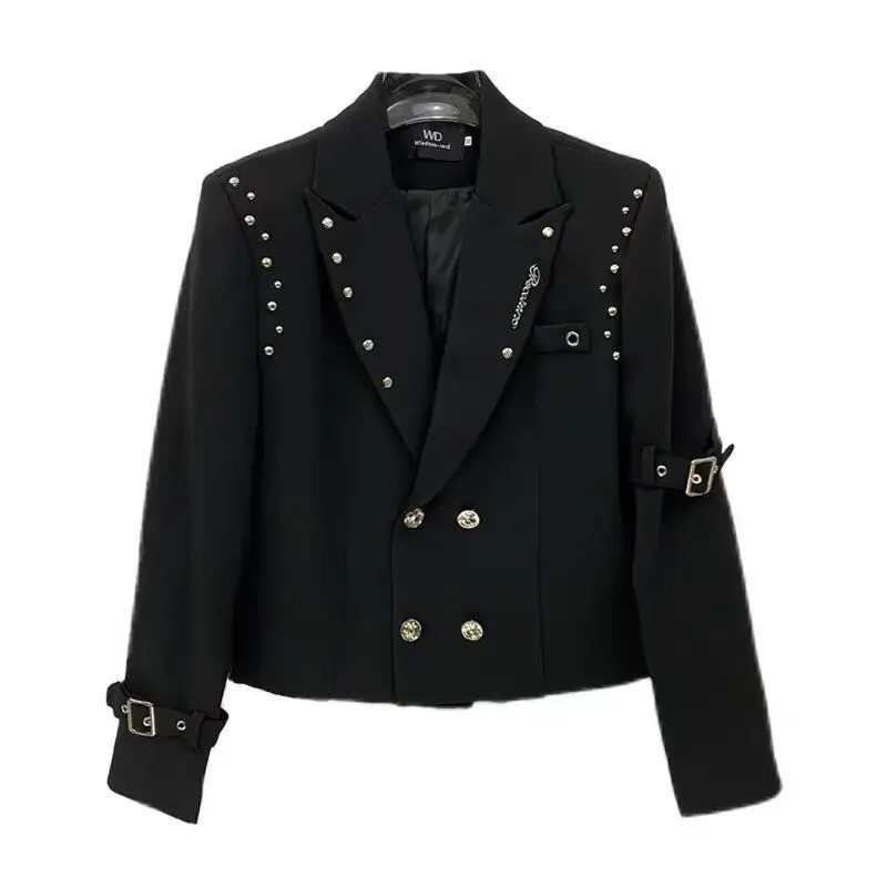 

Мужской пиджак с заклепками, короткий костюм, весна-осень 2026, новинка, двубортный пиджак с ремнем