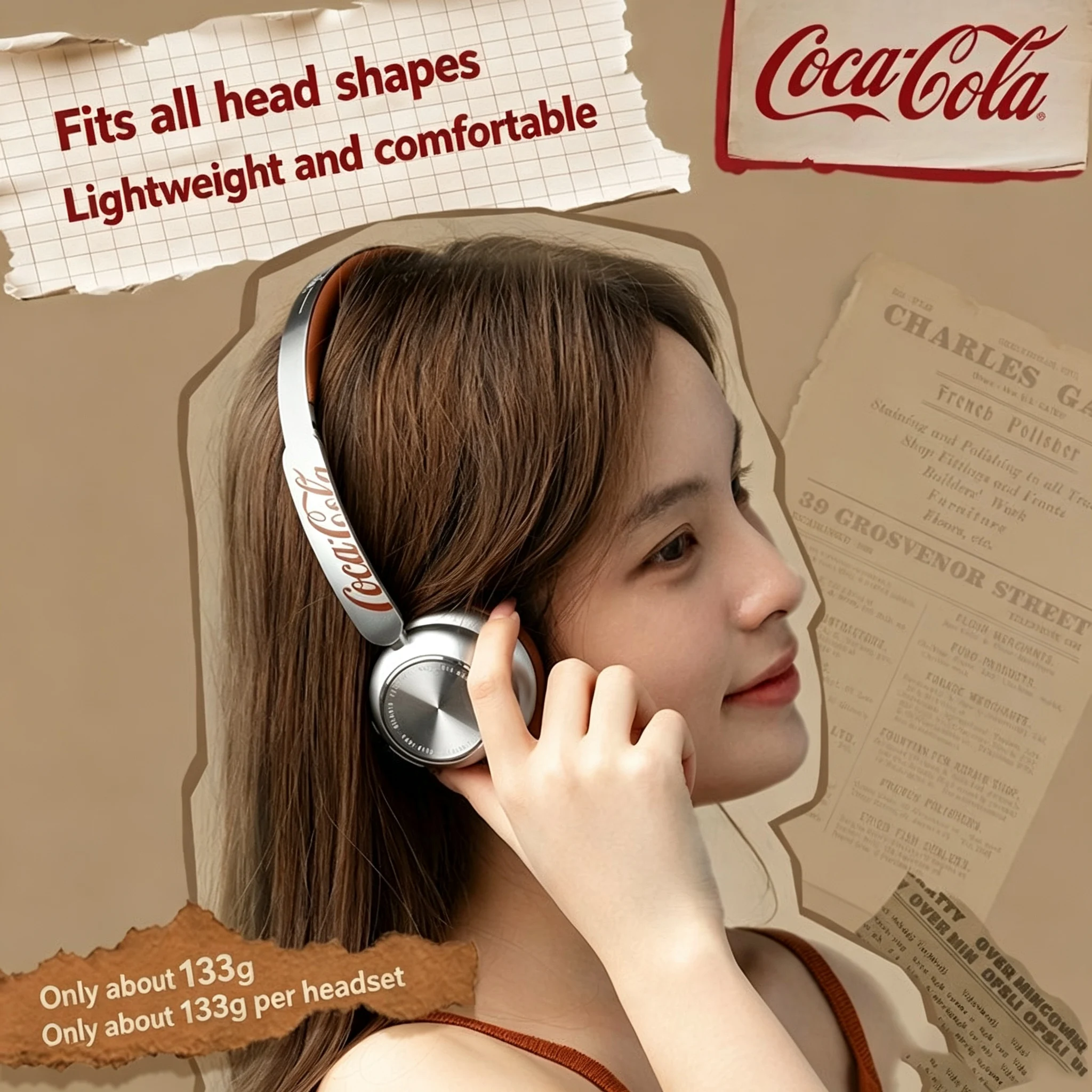 Authentic Coca-Cola T26 Bluetooth Headphones Bluetooth 6.0 Over-Ear ABS Material Wireless Retro Gaming and Sports Earphones Gift