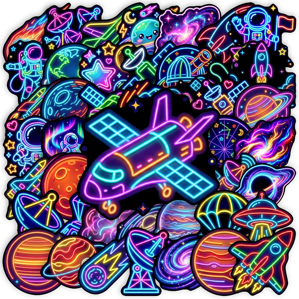 10/30/50pcs Neon Light Outer Space Theme Stickers Cute Astronaut Planet Decals DIY Scrapbook Luggage Phone Graffiti Sticker Pack