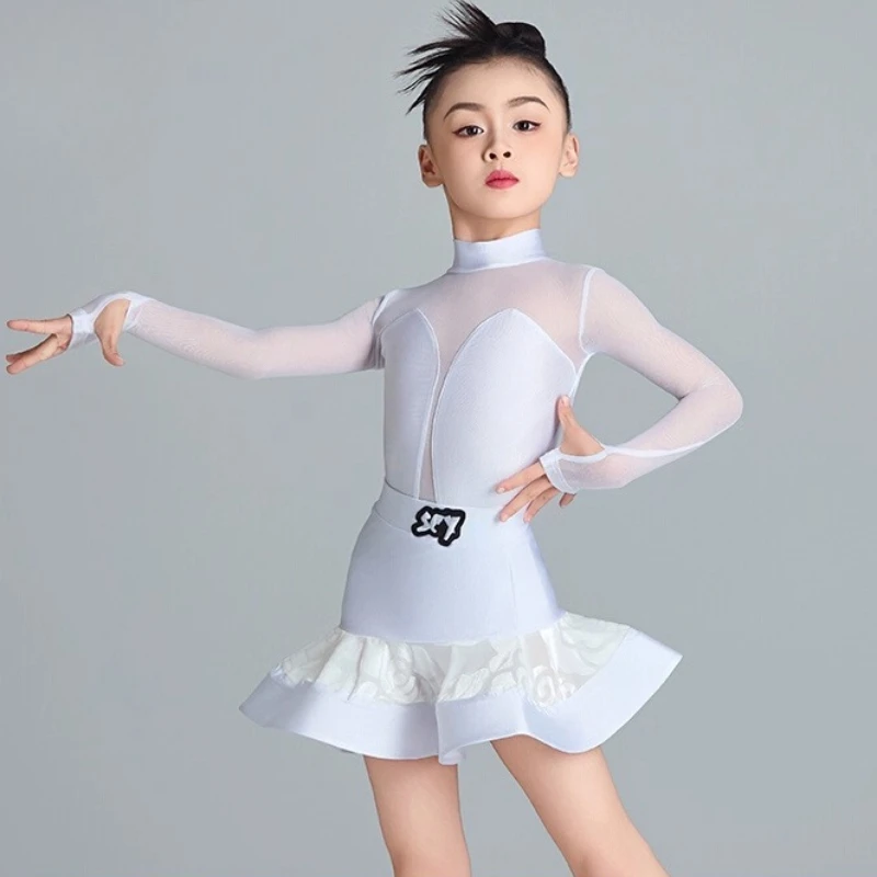 

New summer high-end white professional fishbone skirt for girls Latin dance costumes and practice girls' performance costumes