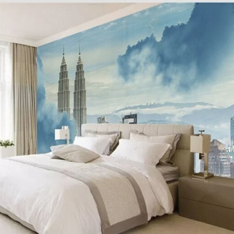 New Chinese-style grandeur mountains high-rise buildings clouds and mist high-end custom TV luxurious home decoration bedroom