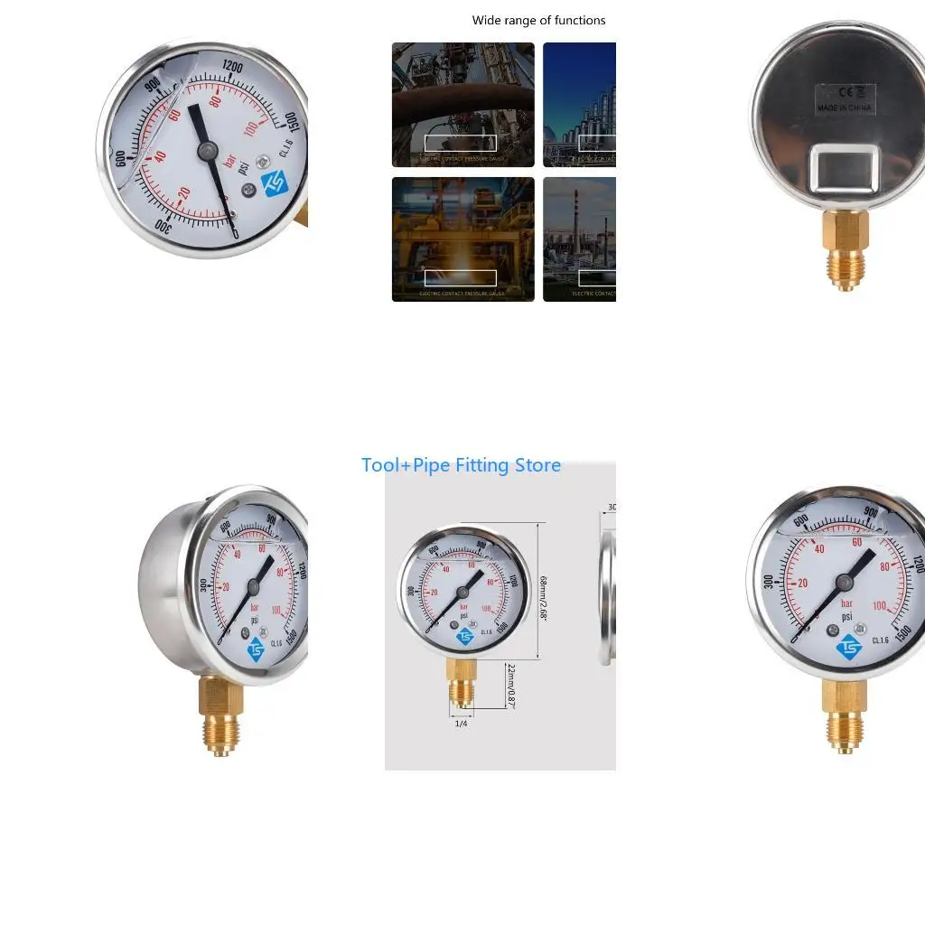 F92B Glycerine Filled Vacuum Pressure Gauge 1/4'' BSP Bottom Connection 100 Bar 0-1500 PSI Water Air Oil Gas Gauge Dual Scale