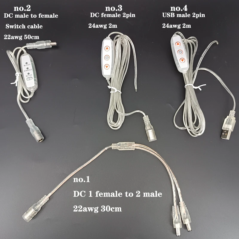 2pin transparent DC USB male Female 5.5x2.1mm Connector light control Splitter Cable switch Power supply Cord for LED Neon Light