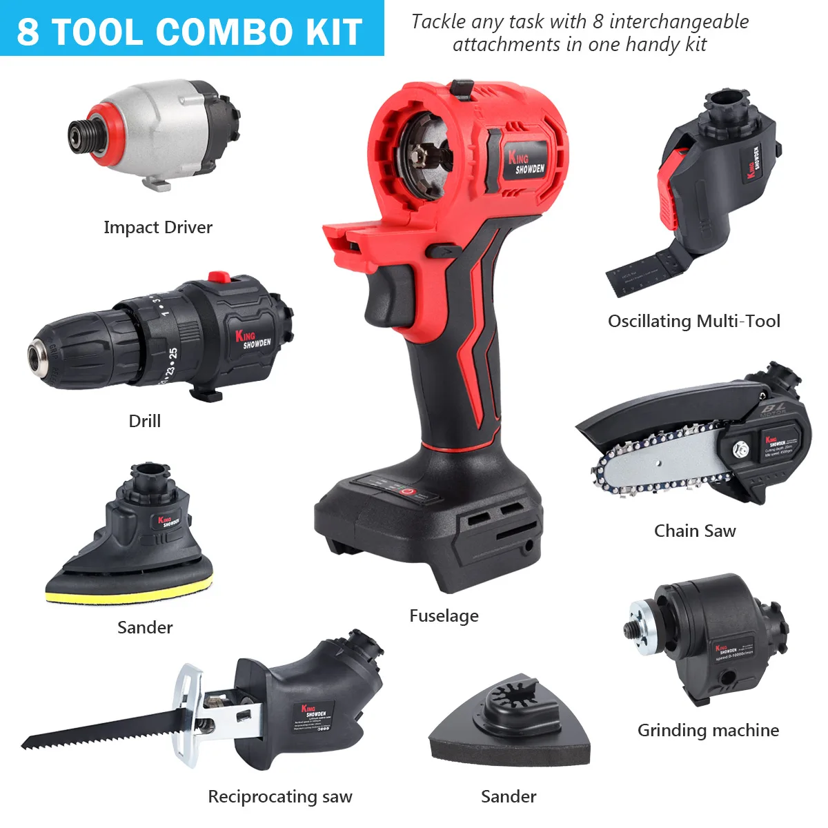 8in1 Power Tools Combo Set Cordless Impact Drill Screwdriver Chainsaw Reciprocating Saw Angle Grinder Sander Oscillating Tool