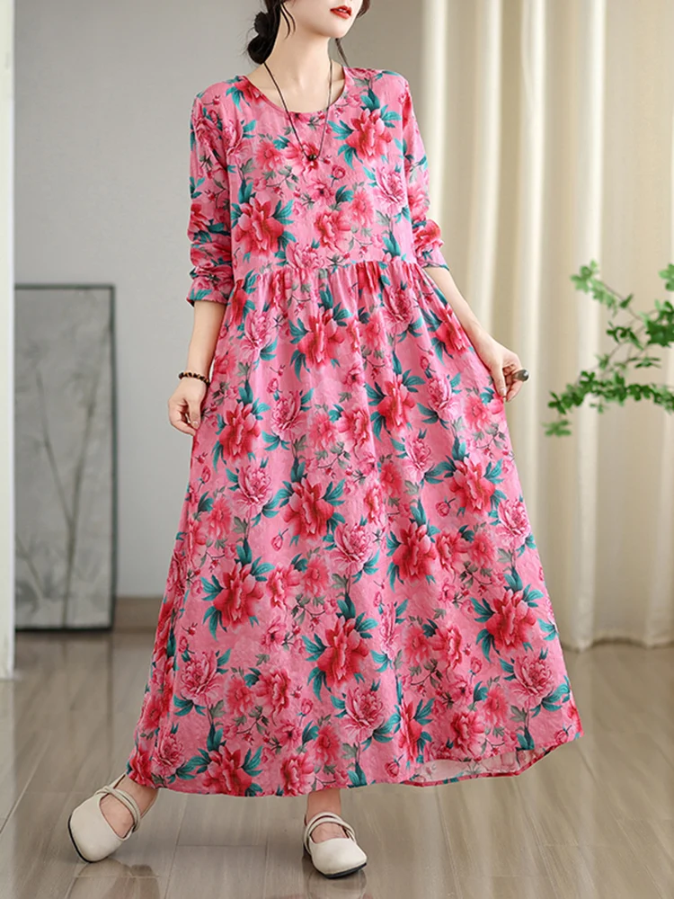2023 frühling Herbst Neue Langarm Baumwolle Floral Vintage Lange Kleider Für Frauen Casual Lose Elegante Kleid Femme Robe Kleidung