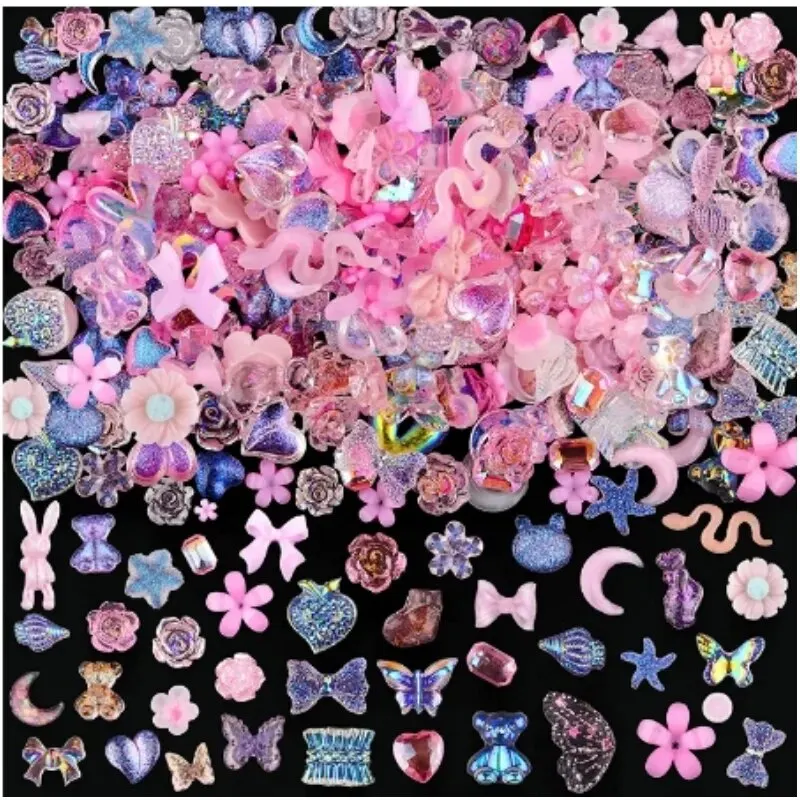 50pcs Resin Bow Flowers Heart Mixed Nail Art Decoration Kawaii Pink Ribbon Bowknot Nail Charms Bulk 3D Manicure Cute Accessories