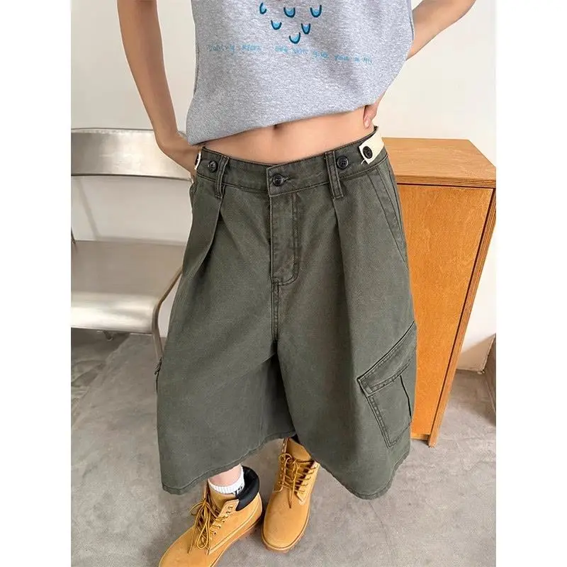 American retro old pocket tooling cropped pants 2026 women's summer casual loose shorts