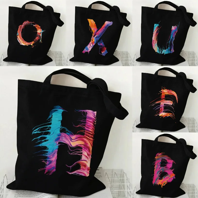 

A-Z 26 Alphabet Pattern Handbag Women's Fashion Canvas Tote Bag Large Capacity Women's Supermarket Shopping Shoulder Bag