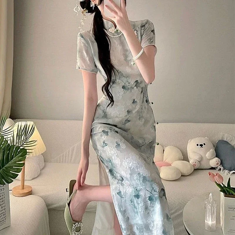 

2025 Summer Retro Cheongsam Green Floral Improved Daily Sweet Elegant Casual Chinese Style Evening Dress Qipao For Women