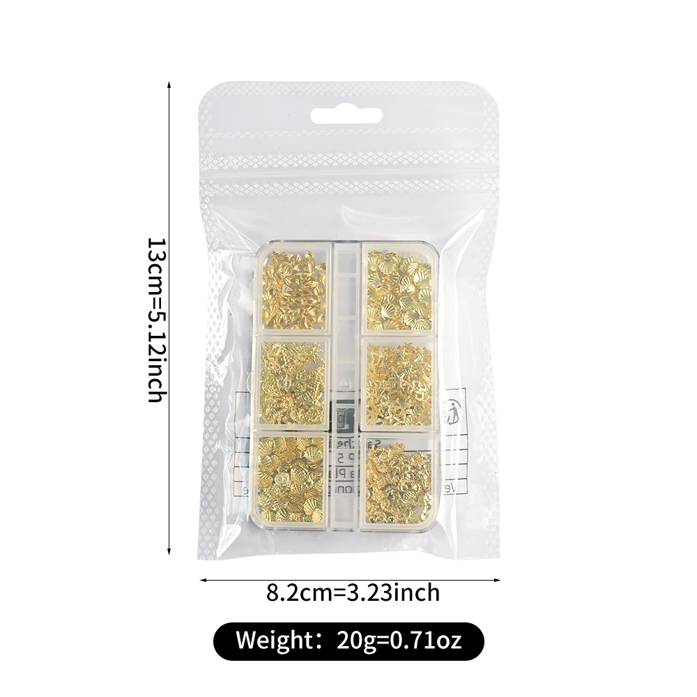 6Grids Ocean Gold Rivet Nail Art Charms 3D Starfish Shell Seahorsea Acrylic Flower Nail Rivet Metallic Slice DIY Nail Jewery Dec