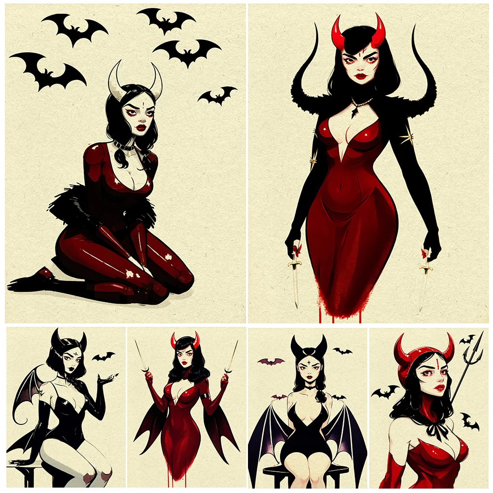 Gothic Bat Witch Vampire Vintage Wall Art Canvas Painting Coquettish Devil In Red Art Poster And Print For Living Room Decor
