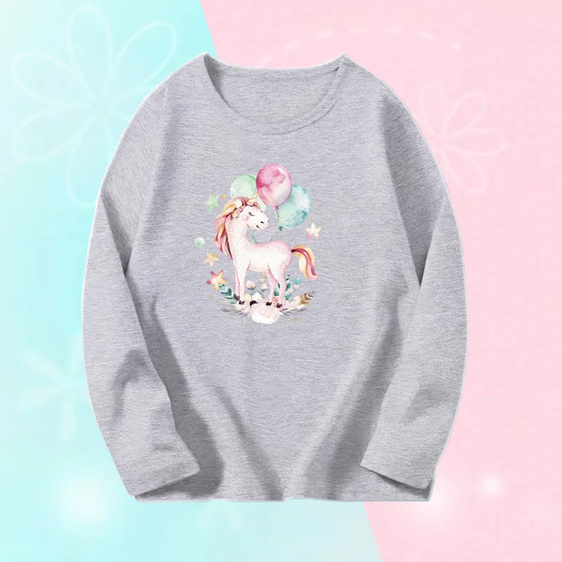 Cute Unicorn Girl‘s Long Sleeve T-shirts Little Girl Autumn Tees Shirts Kids Spring T-shirts Girl Cotton Purple T-shirts