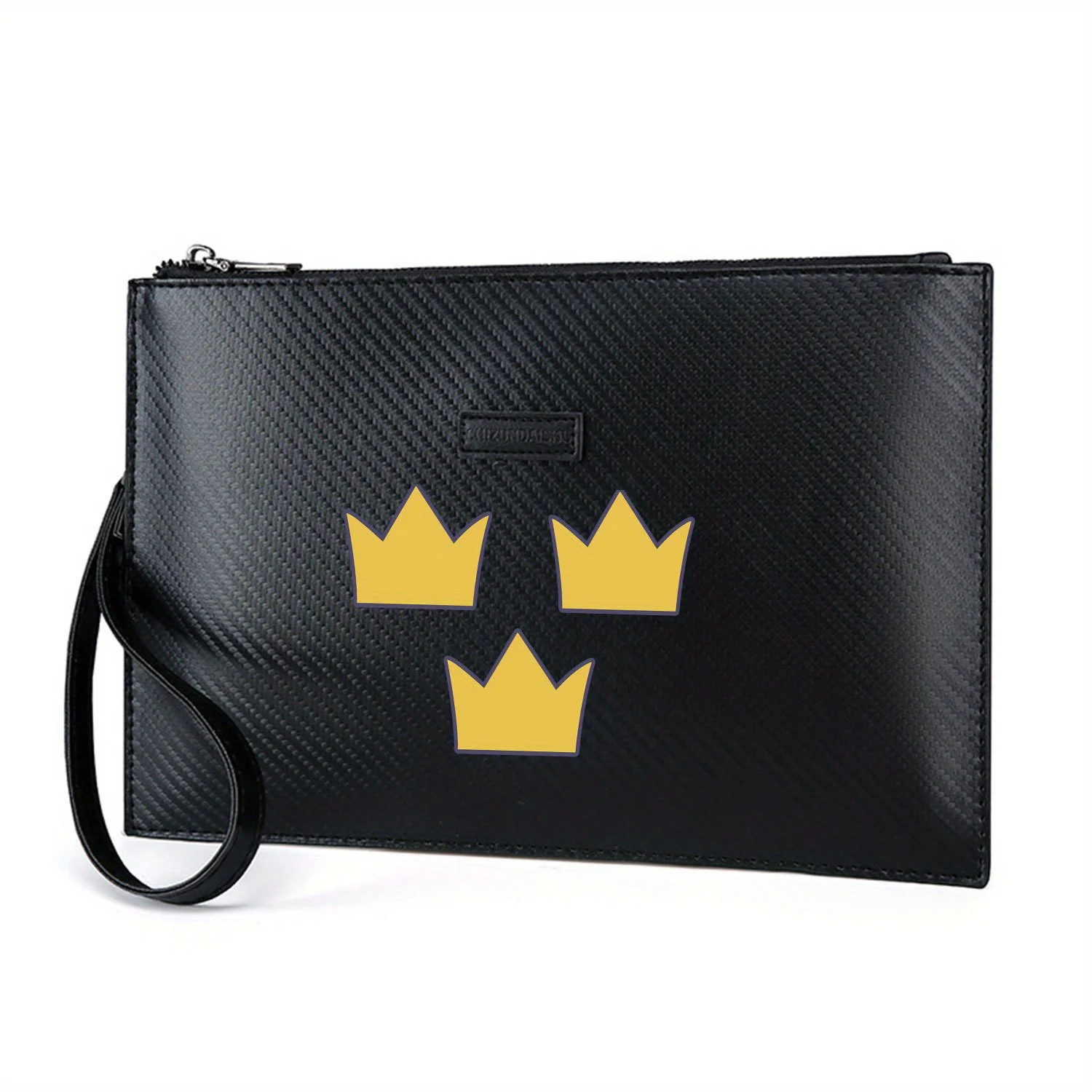 Три золотых короны, черный фон. Элегантная мужская сумка из искусственной кожи с принтом. Модная и практичная для повседневной носки.