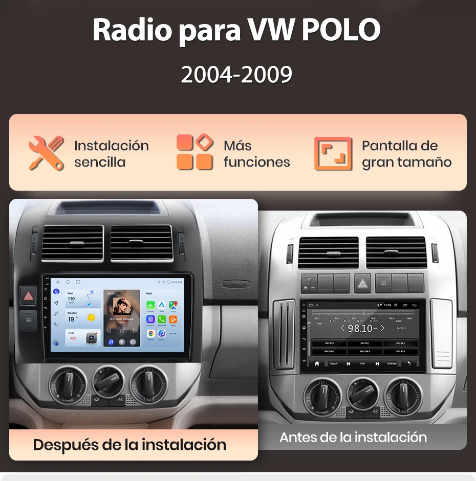 Junsun Radio mit KI-Sprachsteuerung für VW Polo Mk4 IV 2001-2011, kabelloses CarPlay, Android Auto, 2DIN Autoradio mit Bluetooth, DAB+, GPS, RDS – Detail 3