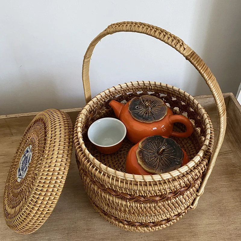 Rattan double-layer food box desktop coffee table sundries snacks dried fruit teacup tea storage basket