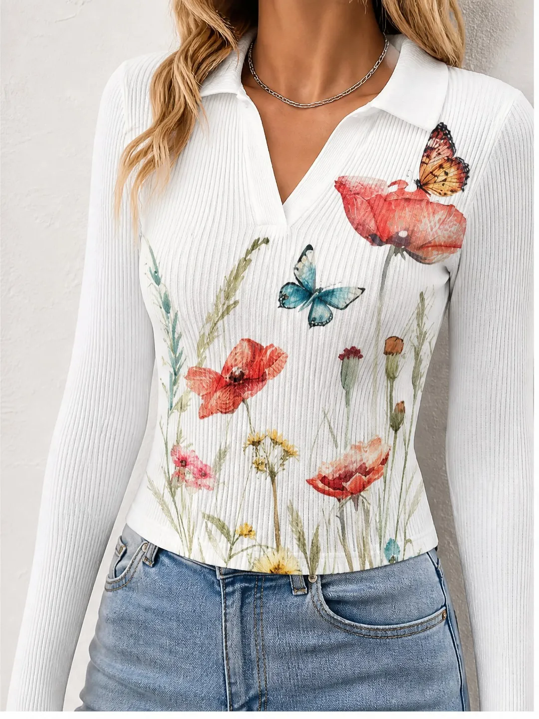 Versatile Womens V Neck Collared Ribbed Knit Crop Top Figure Flattering Long Sleeve Pullover for Modern Minimalist Looks Fashion
