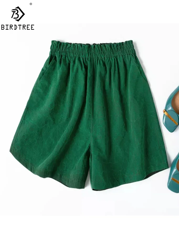 BirdTree, Watered Gauze Silk Shorts, 6A Elastic Mid Waist Green, Fashion Vintage Sexy Shorts, 2024 Summer Autumn New B46923QM