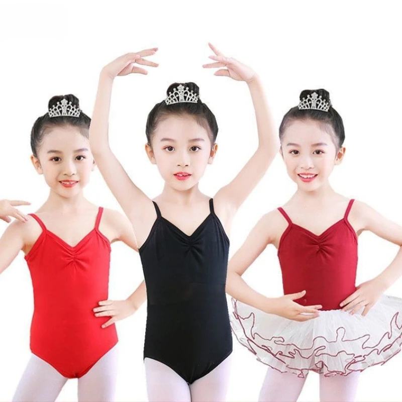 

Children's Camisole Leotard for Dance Practice: Black Ballet & Chinese Dancewear-Summer Performance Outfit with Red Accents