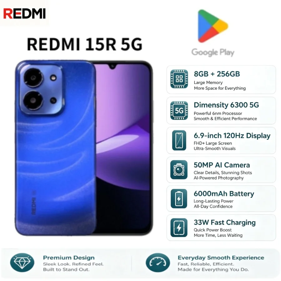 Best‑Selling 2026 Original Redmi 15R Cellphone 8+256GB Memory Dual‑SIM Card 6.9'' LCD Screen Powerful Dimensity Chip 13MP Rear