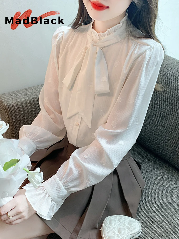 

MadBlack-женская европейская рубашка, сексуальная жаккардовая лента с бантом, модная свободная блузка S-2XL с расклешенными рукавами, весенняя новинка 2026 T5D009CC