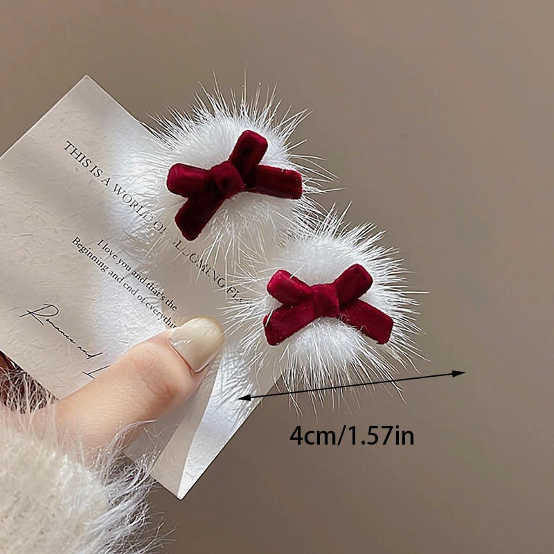 Lovely White Fur Ball Red Velvet Bow Hairpin Sweet Festive Hair Clip Girl Heart Bangs Clips Fashion Duckbill Clip Hair Accessory