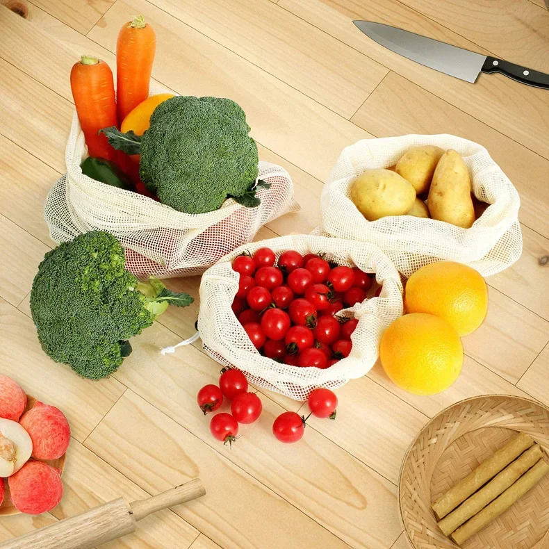 1PCS Reusable Cotton Mesh Production Bag Vegetable Fruit Food Kitchen Washable Mesh Storage Bag Eco-rope Bag Kitchen Organizer