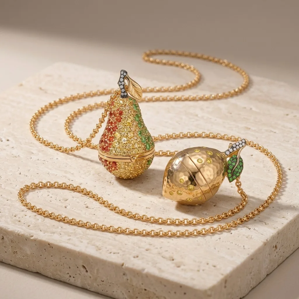 Vintage Openable Fruit Pendant Necklace For Women Cubic Zirconia Enamel Pear Lemon Locket Gold Plated Brass Chain Jewelry Gift