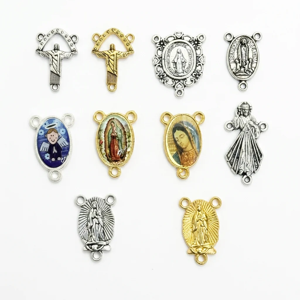 10Pcs 3-Hole Catholic Rosary Centerpiece Connector Virgin Mary Guadalupe Divine Mercy Miraculous Medal Zinc Alloy Charm for DIY