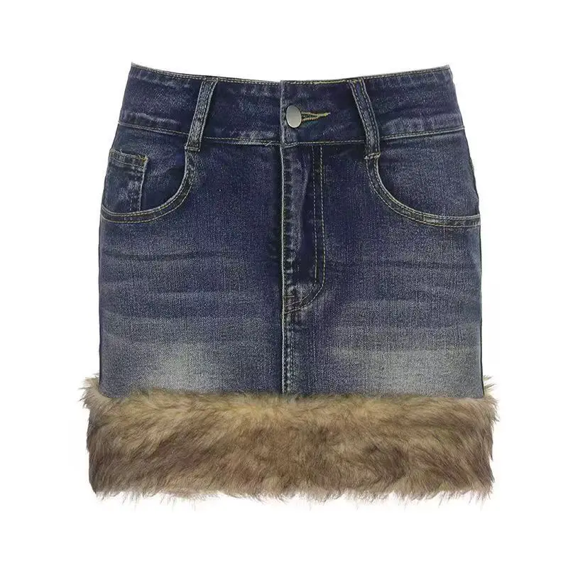 2026 Spring New Fashion Retro Plush Splicing Denim Skirt Personalized Spice Girl Y2k Hip Skirts