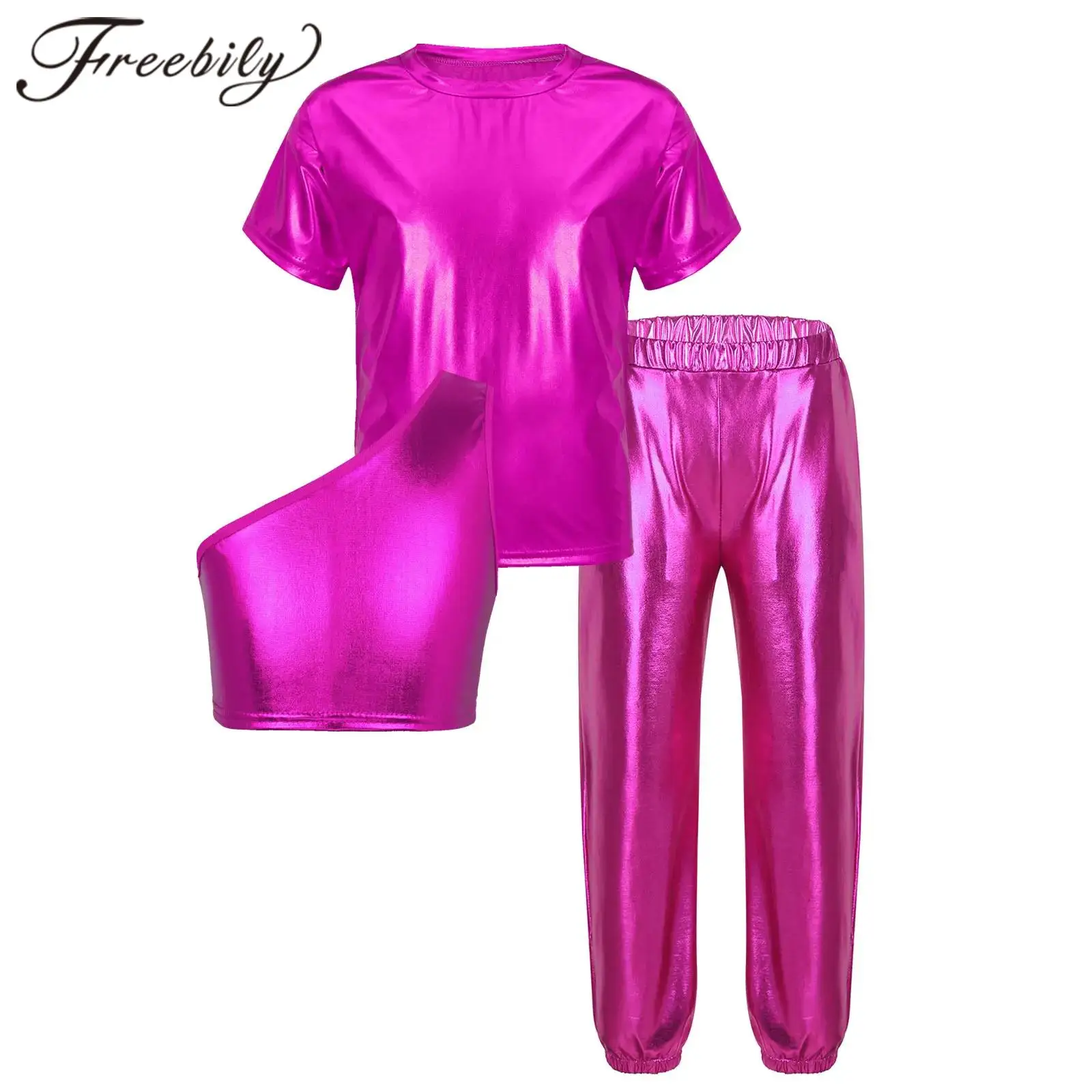 

Kids Girls Jazz Dance Costumes Metallic Crop Top with Short Sleeve T-shirt Pants Children Performance Dancewear Dancing Outfits